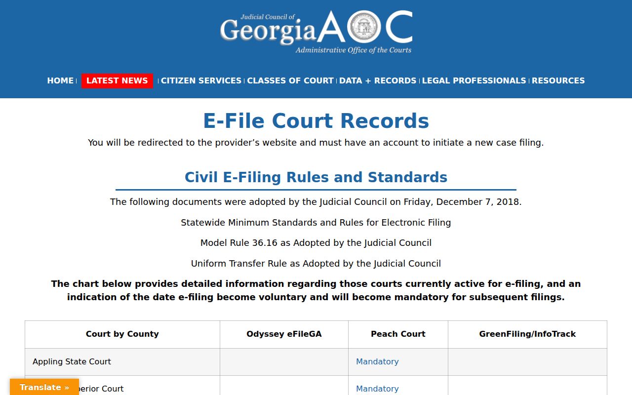 Calhoun County criminal case records Georgia e-filing provider chart