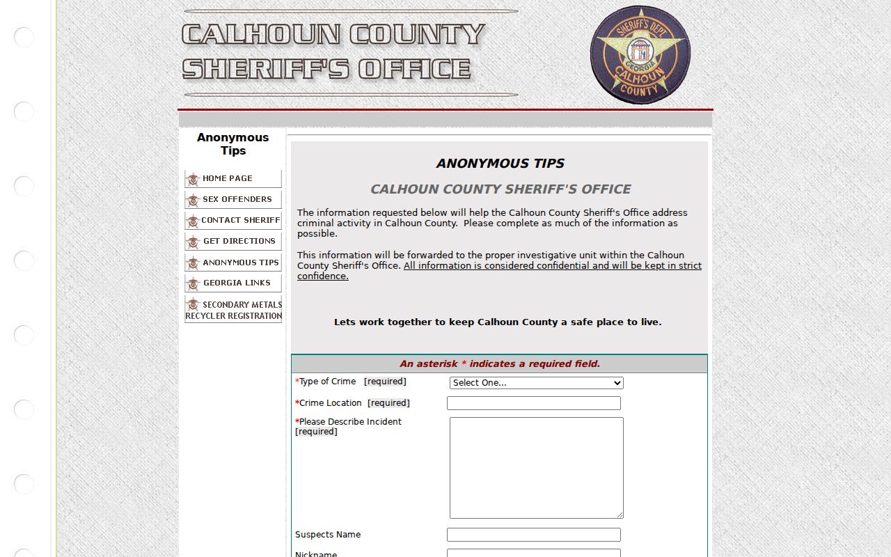 Calhoun County criminal records sheriff anonymous tip form