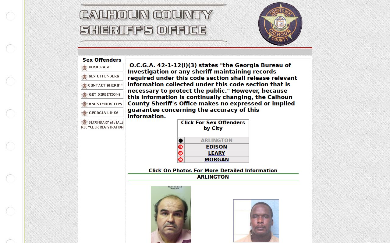 Calhoun County criminal history local sex offender registry index