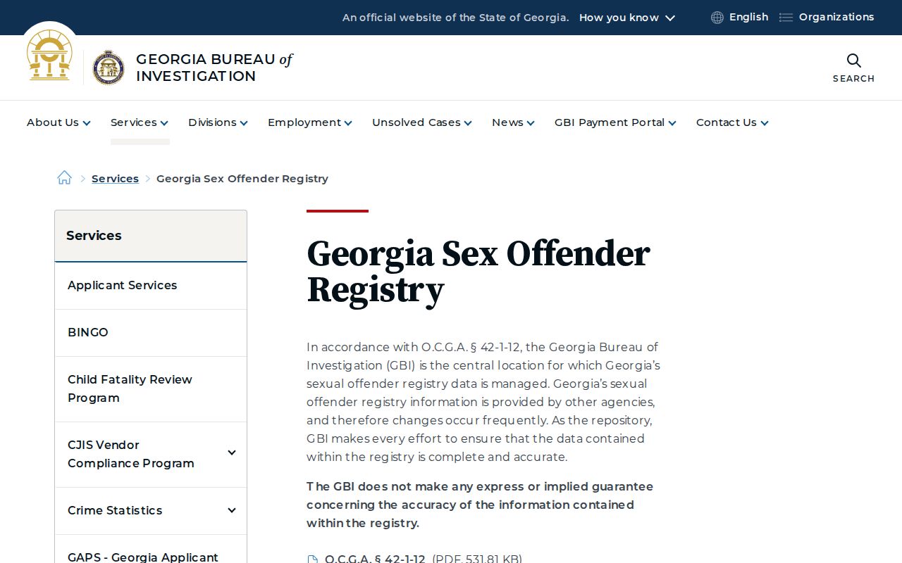 Official GBI Georgia Sex Offender Registry information and statutory notice
