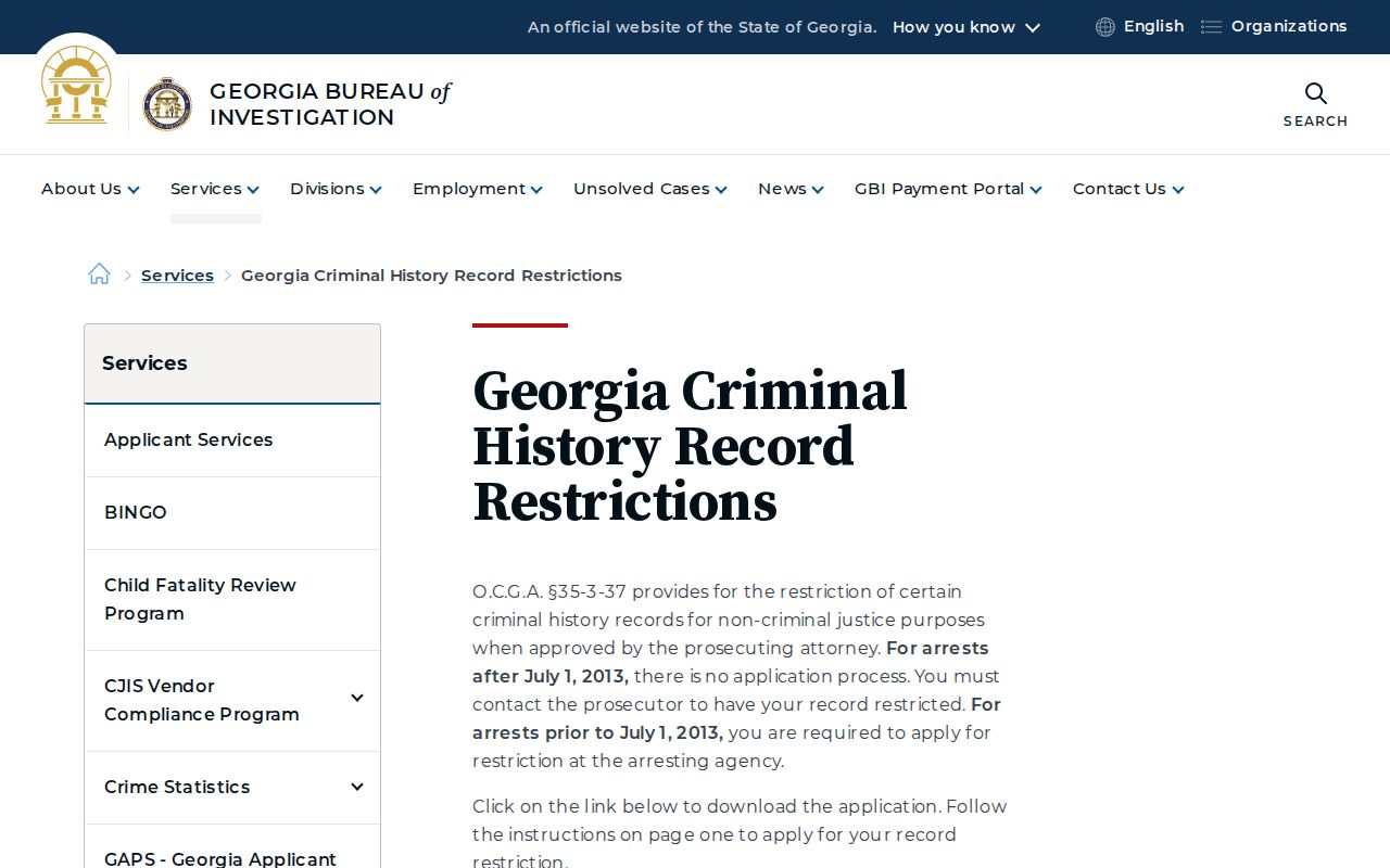Official GBI Georgia criminal-history record restriction process and forms
