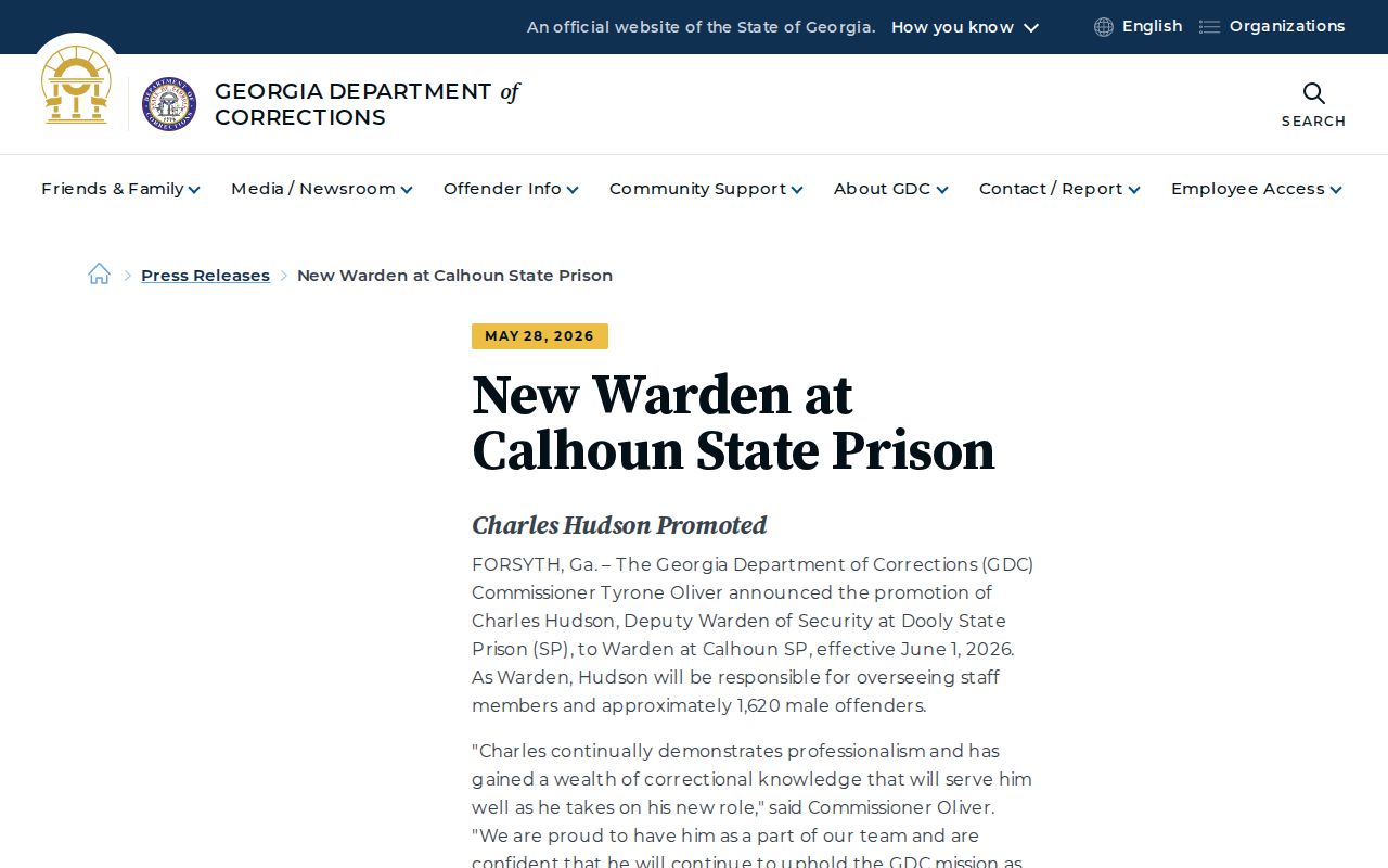 Current Calhoun State Prison announcement related to Calhoun County arrest routing