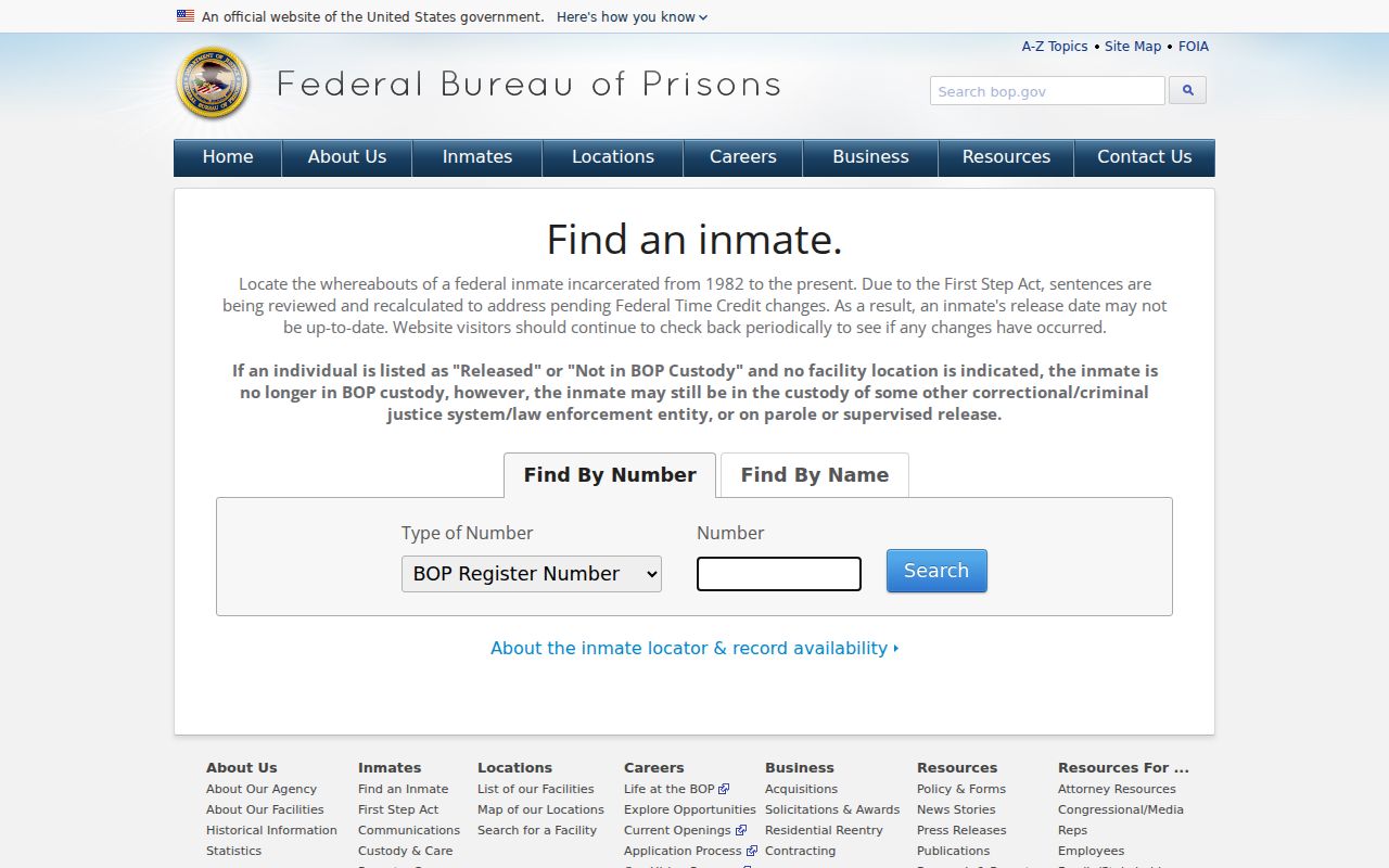 Federal Bureau of Prisons locator for an Edison criminal-record search involving federal custody