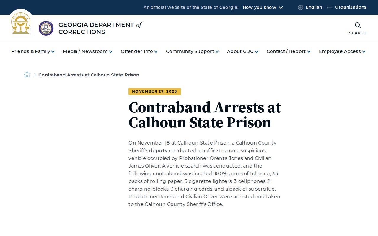 Official prison cooperation example for Leary criminal records and Calhoun County bookings
